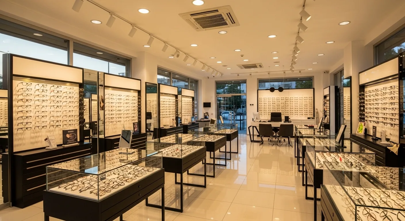 Optiva Optik Kepez mağazasının içi: geniş vitrin camından giren sabah ışığında çerçeve rafları