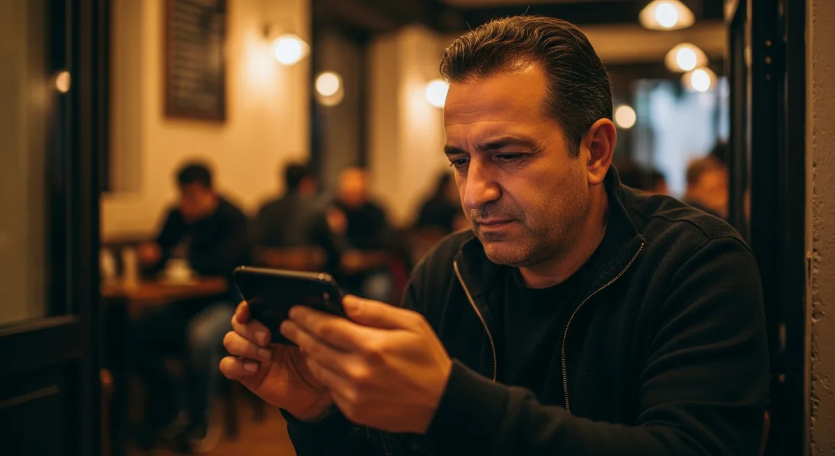Erkek 40'li yaşların sonunda, Akdeniz kafe — okuma gözlüğü presbiyopi kepez
