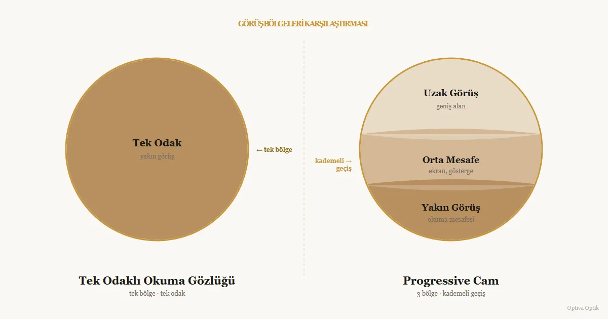 Cam türleri görüş bölgesi karşılaştırma diyagramı — okuma gözlüğü presbiyopi kepez