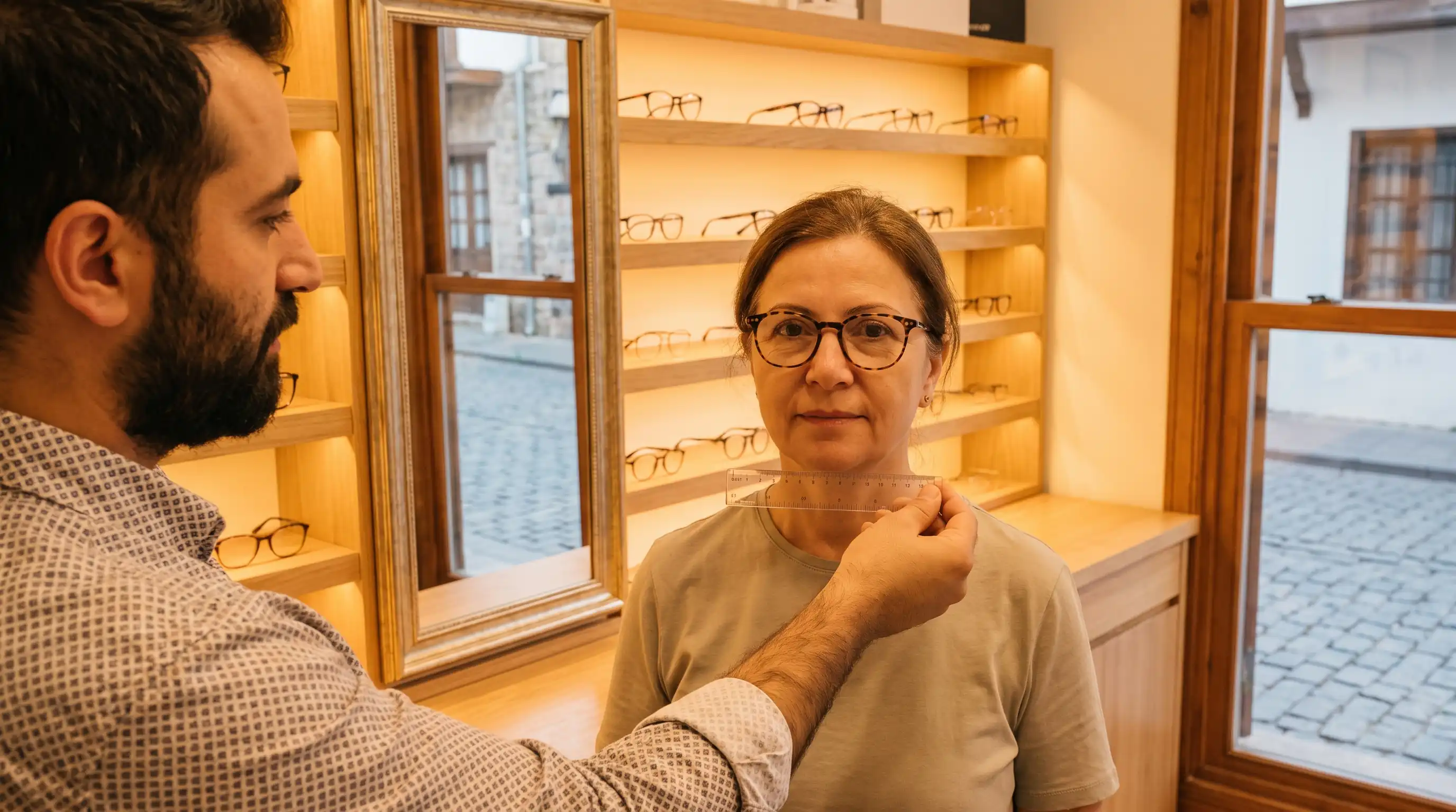 Optisyenin deneme çerçevesi takan danışanın önünde ince cetvelle merkezleme ölçüsü alması