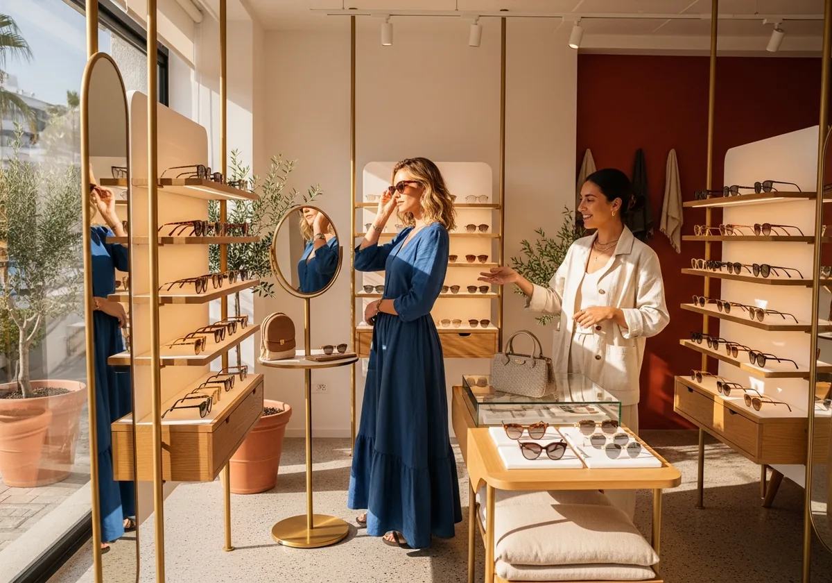Mağaza içinde güneş gözlüğü modeli seçen bir müşteri