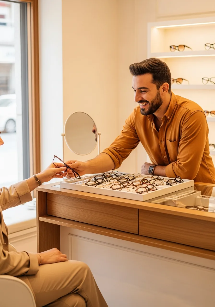 Kepez’deki mağazada optisyenin müşteriye çerçeve önerdiği danışmanlık anı